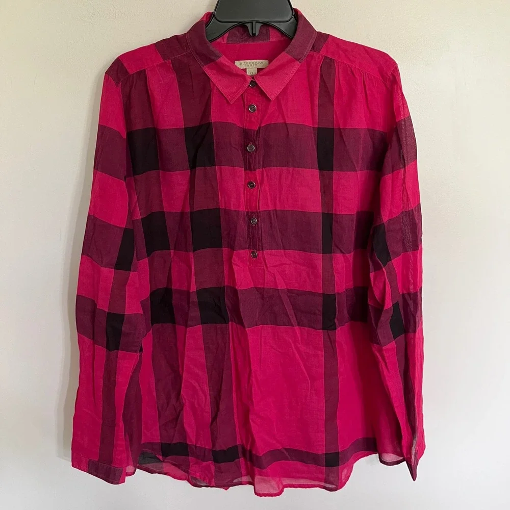 Burberry Brit Womens XL Pink Check Plaid Cotton Button Up Blouse Top Long Sleeve - Picture 1 of 10